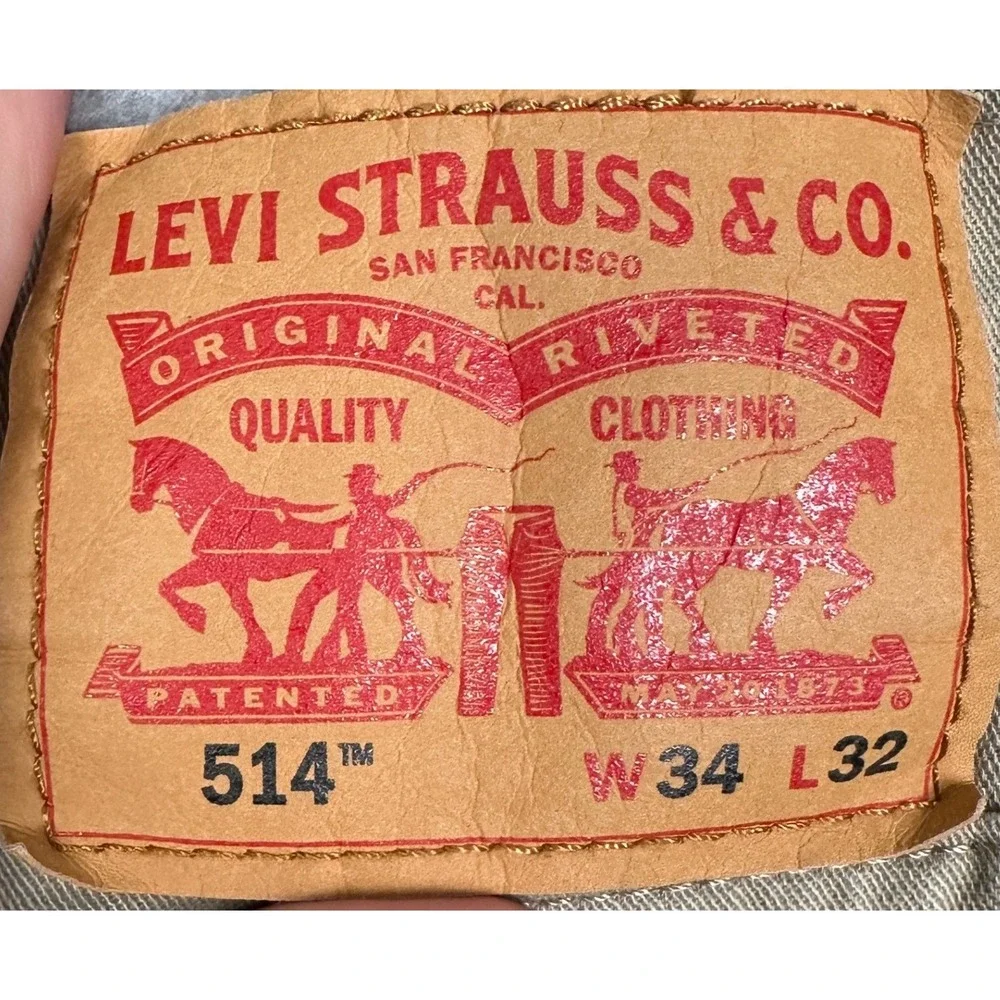 Levis 514 Jeans Mens 34X32 Straight Fit Khaki Tan Stretch Red Tab Casual Denim
